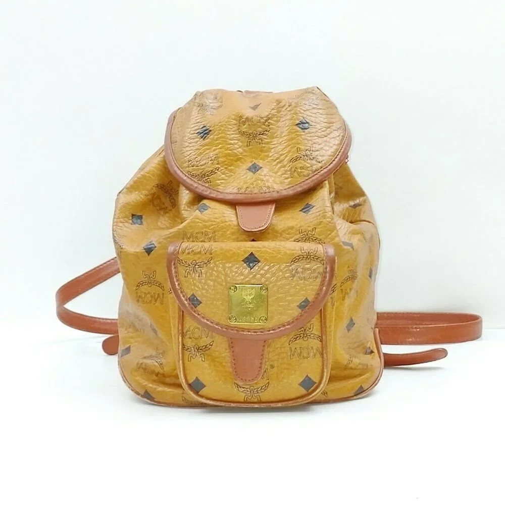 MCM Cognac Visetos Logo Leather Drawstring Backpack